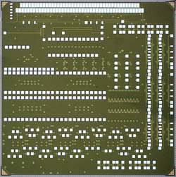 Microscope image of the full chip fabricated in IBM's 45nm process containing electronics and photonics on the same chip